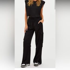 NWT M Satin Cargo Beach Riot Gianna Pants, Satin Black